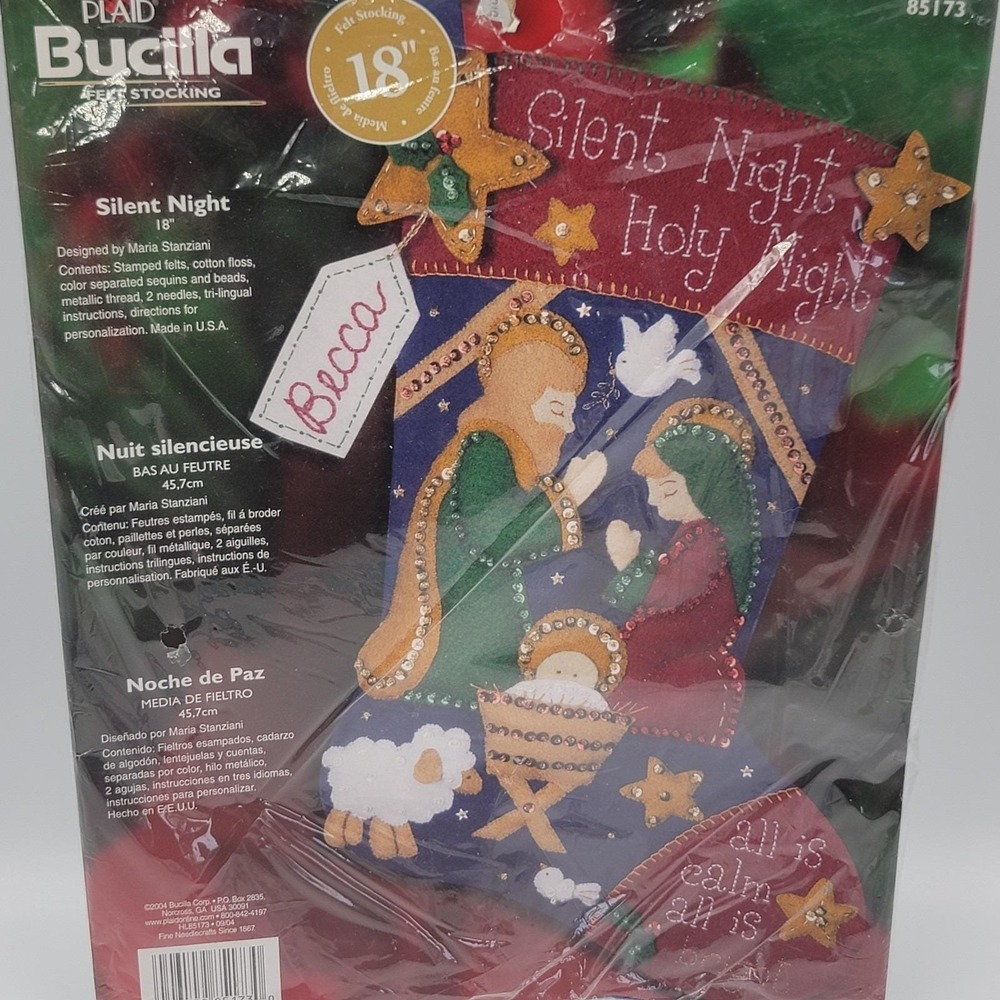 Vintage BUCILLA SILENT NIGHT 18" 2004 FELT SEQUIN 85173 STOCKING READ